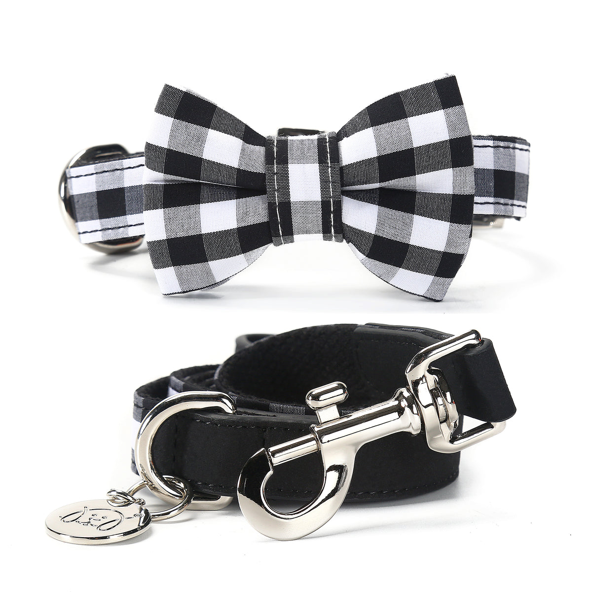 Modern Pups Black Gingham Plaid Collar with Bow Tie and Leash by