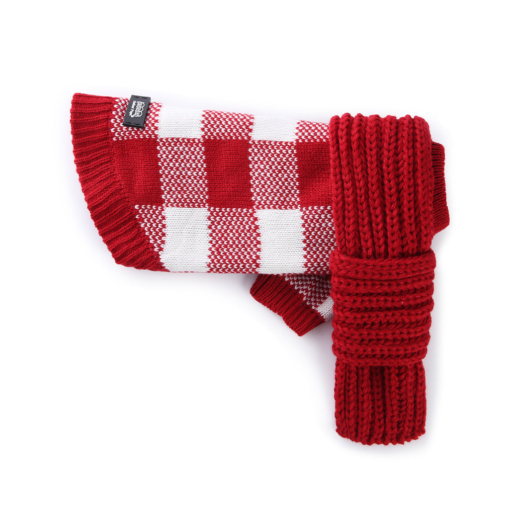 United Pups Cool Pups Crimson Plaid Sweater with Scarf
