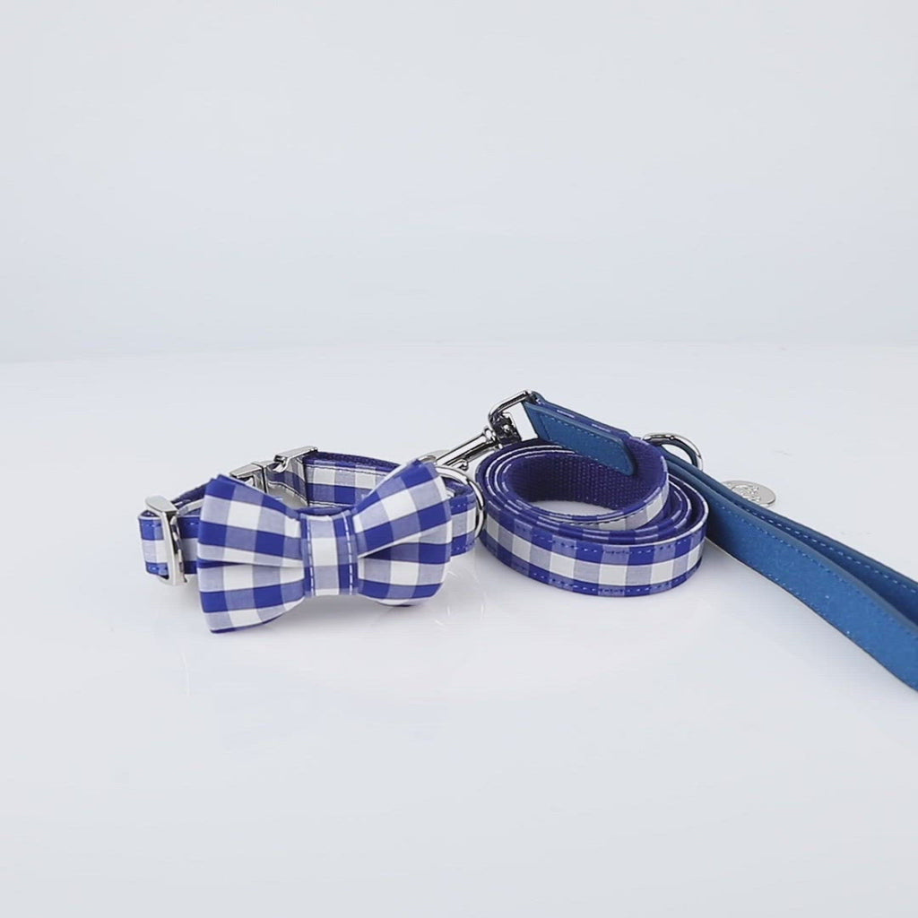 United Pups Chill Pups Blue Gingham Plaid Collar with Bow Tie and Leash