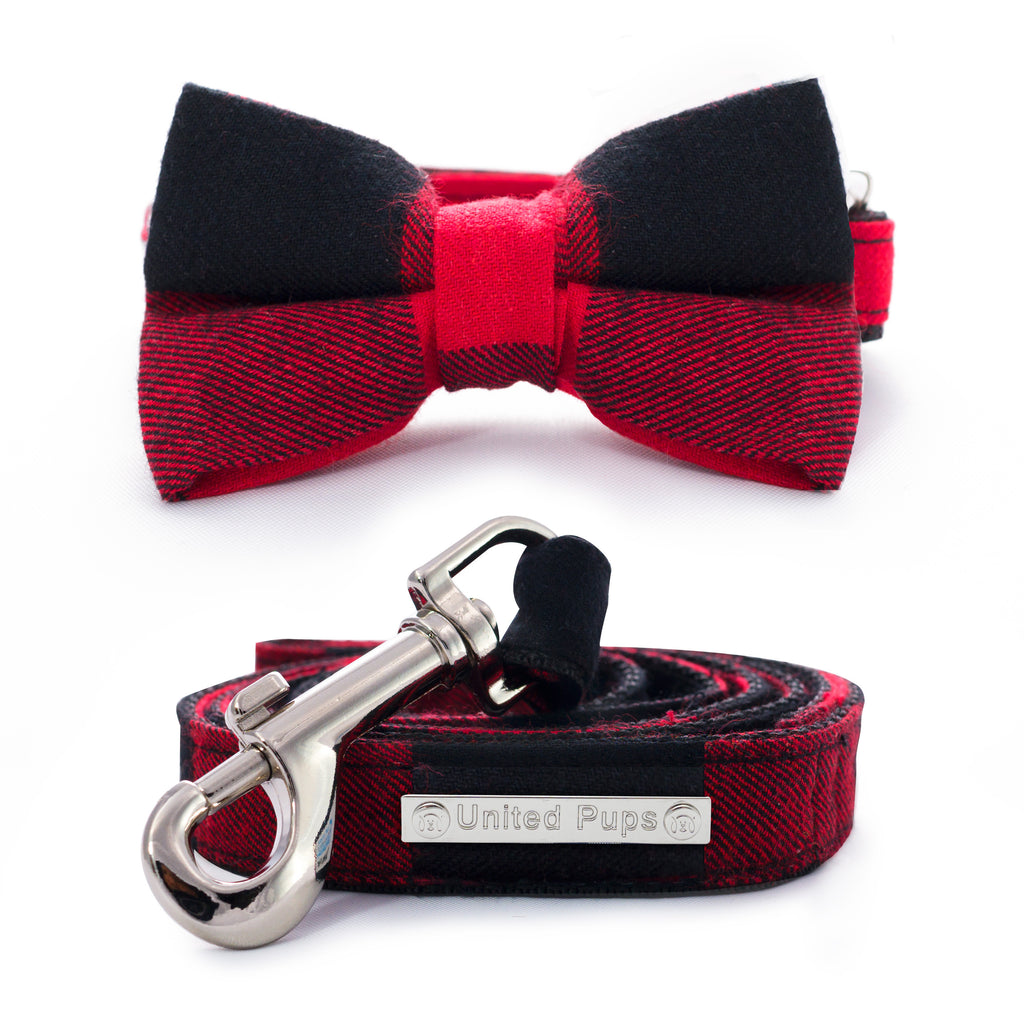 Cool Pup Red Gingham Plaid Collar with Bow Tie and Leash for Dogs by United Pups