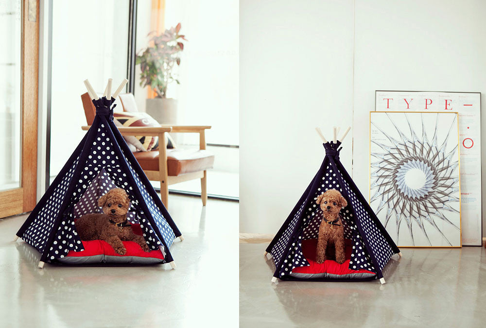 Designer Pet Teepee Tent with Matching Cushion Bed - Fashion Blue Dot for Dogs by United Pups
